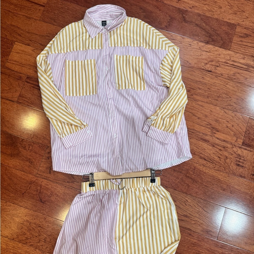 Striped Yellow and Pink Shirt and Shorts Set - Picture 2 of 4